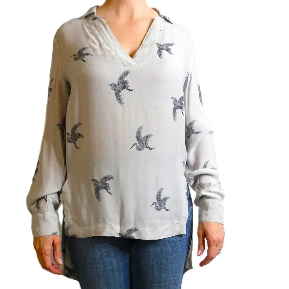 Great Plains Blouse Women Size S Gray Cranes Birds Designer Top Long Sleeve - Picture 5 of 10